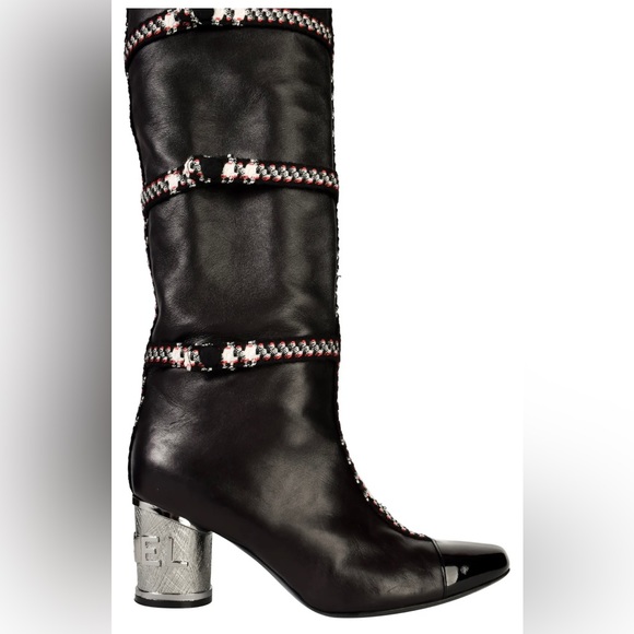💯Vintage CHANEL Black Lambskin Leather Tweed Heel Thigh High Boots - Picture 5 of 8